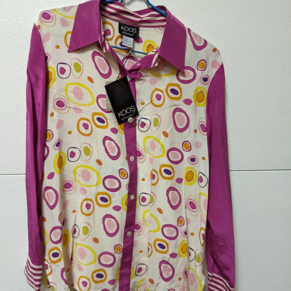 Koos of Course Women Blouse Button-down Shirt 100% Silk Polkadot